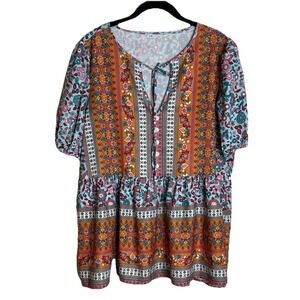 Womens XL Blouse Blue Orange Floral Boho Peplum Short Sleeve Top Festival‎ Retro